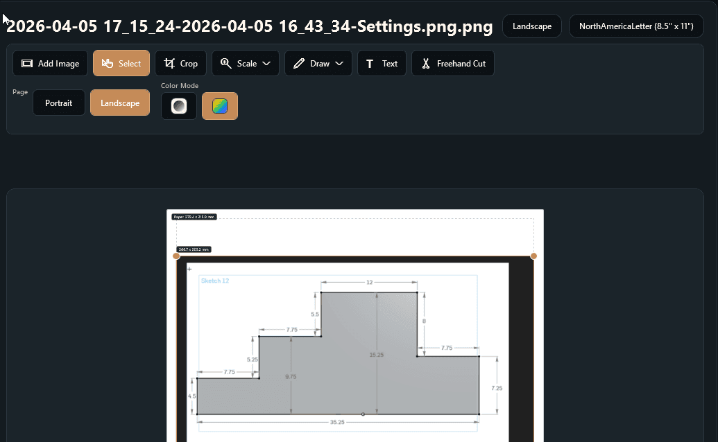 MarkOut page editor scaling a measured technical drawing