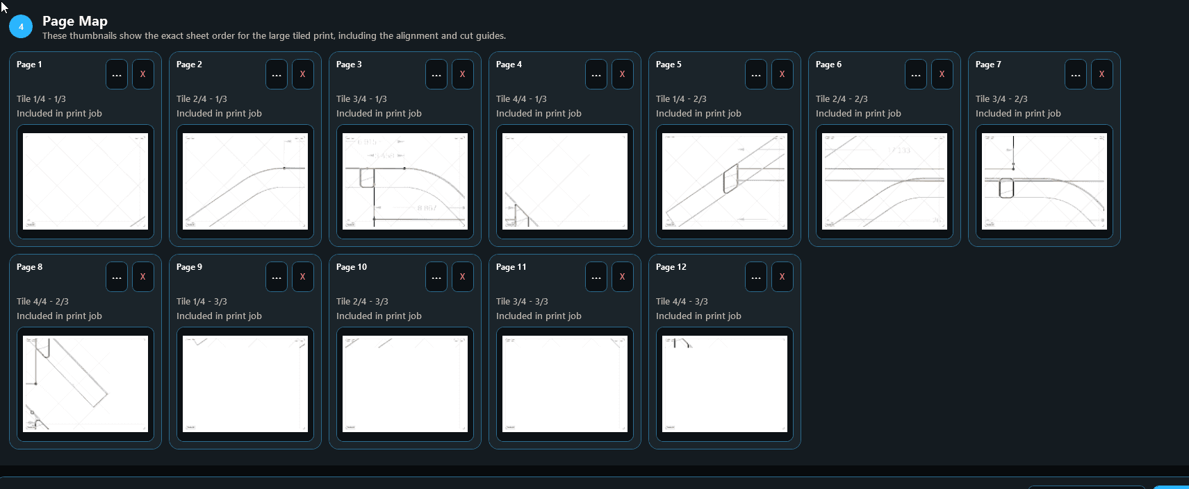 MarkOut Page Map showing the numbered assembly order of a twelve-page tiled print